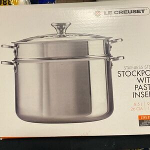 NIB Le Creuset Stainless Steel Stockpot with Pasta Insert - Silver
